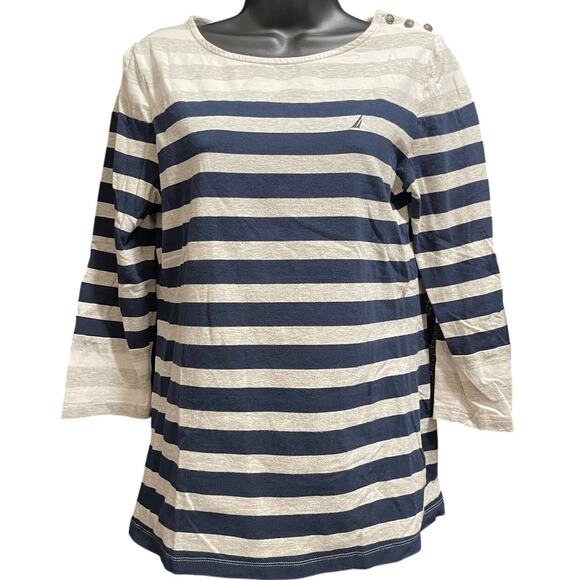 Nautica Large Gray White Navy Striped Long Sleeve w/ Button Accents on Shoulder - Picture 1 of 6